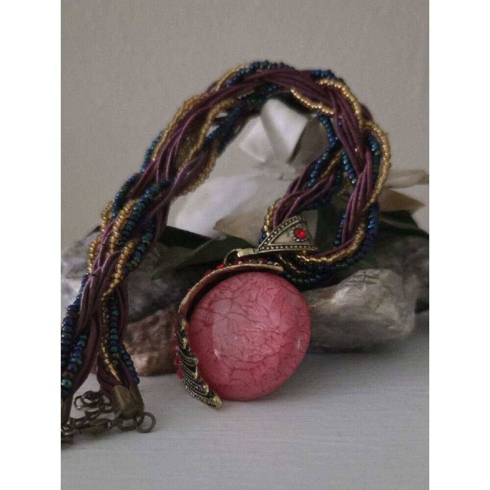 NWOT Braided Necklace With Pink Pendant.